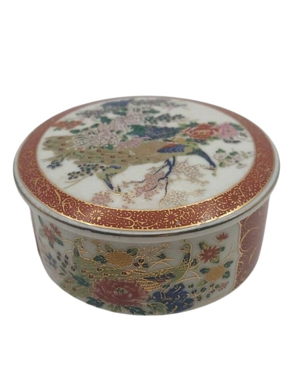 Vintage Satsuma Hand Painted Peacock Floral Porcelain Trinket Box With Lid Japan